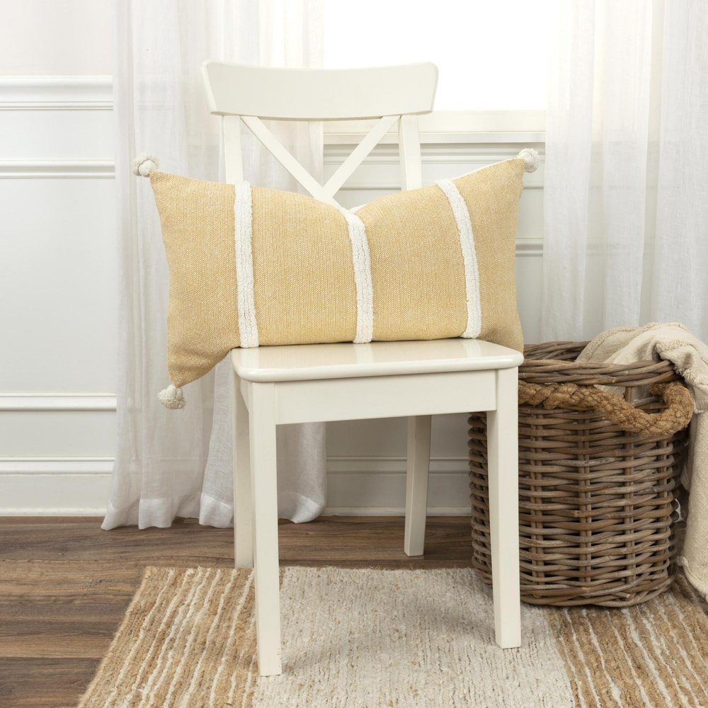 14" X 26" White And Yellow Lumbar Weave Cotton Throw Pillow with Tassels — view 4