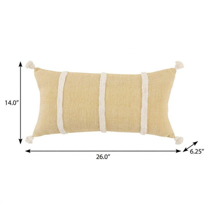 14" X 26" White And Yellow Lumbar Weave Cotton Throw Pillow with Tassels