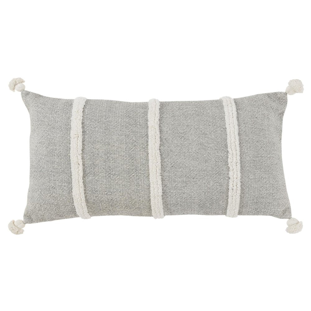 14" X 26" Gray And White Lumbar Weave Cotton Throw Pillow with Tassels — view 1