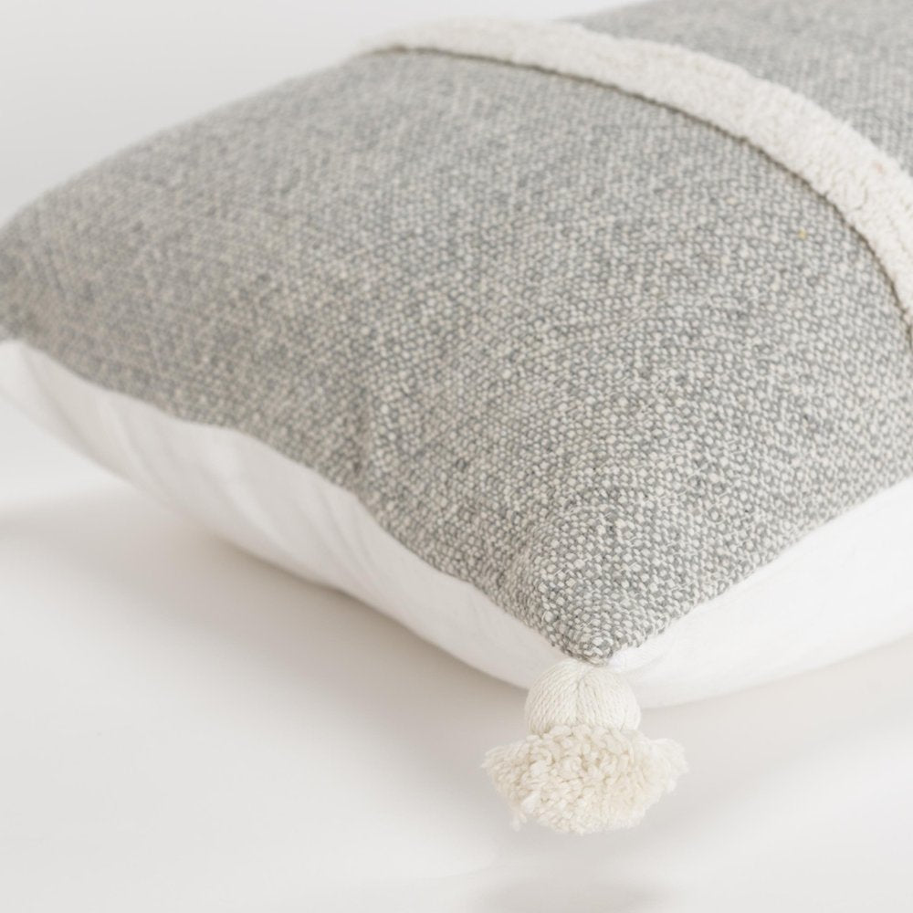 14" X 26" Gray And White Lumbar Weave Cotton Throw Pillow with Tassels — view 2