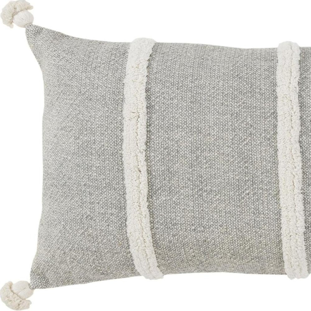 14" X 26" Gray And White Lumbar Weave Cotton Throw Pillow with Tassels — view 6