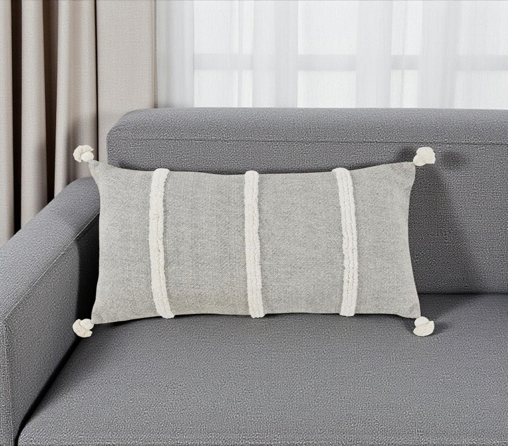 14" X 26" Gray And White Lumbar Weave Cotton Throw Pillow with Tassels — view 4