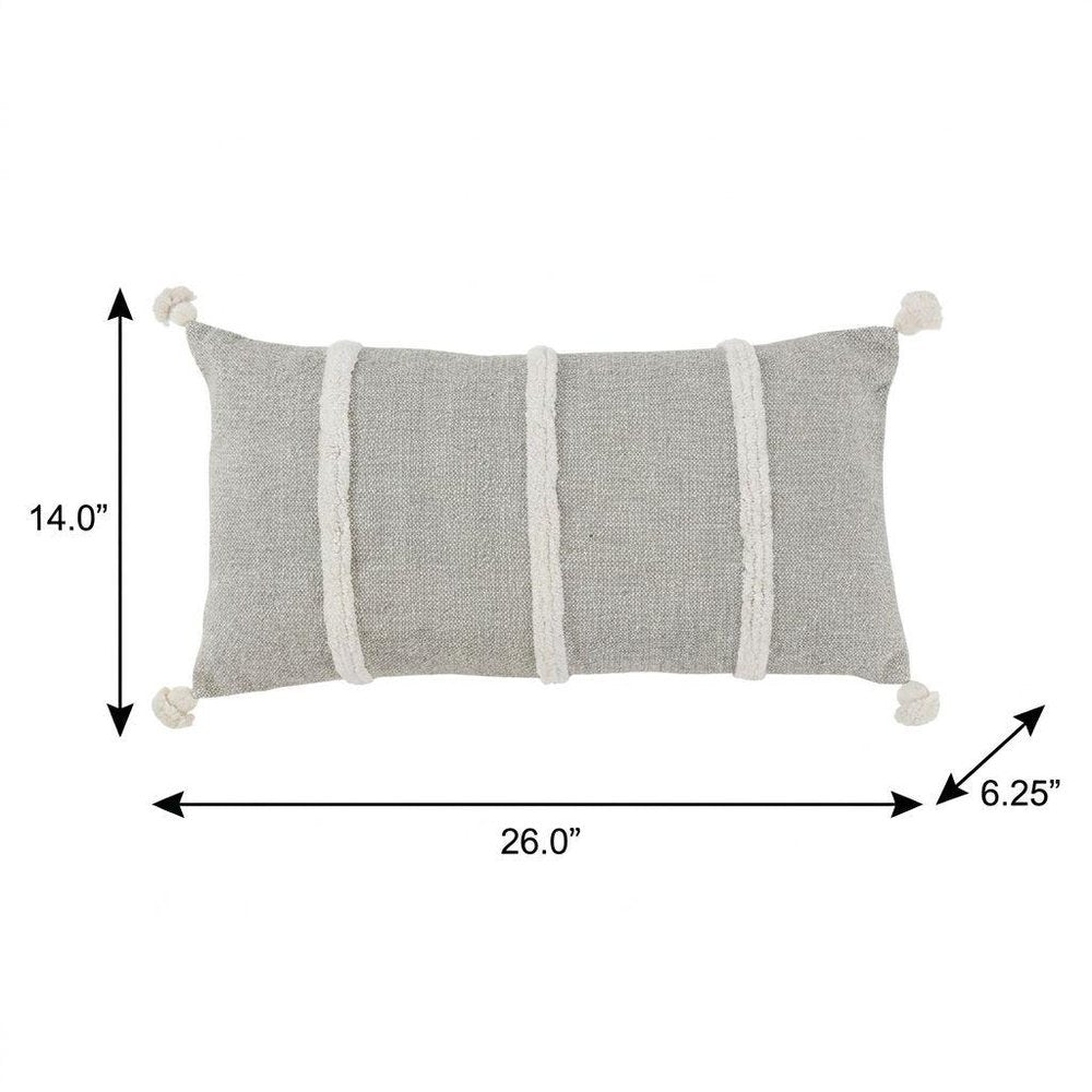 14" X 26" Gray And White Lumbar Weave Cotton Throw Pillow with Tassels — view 7