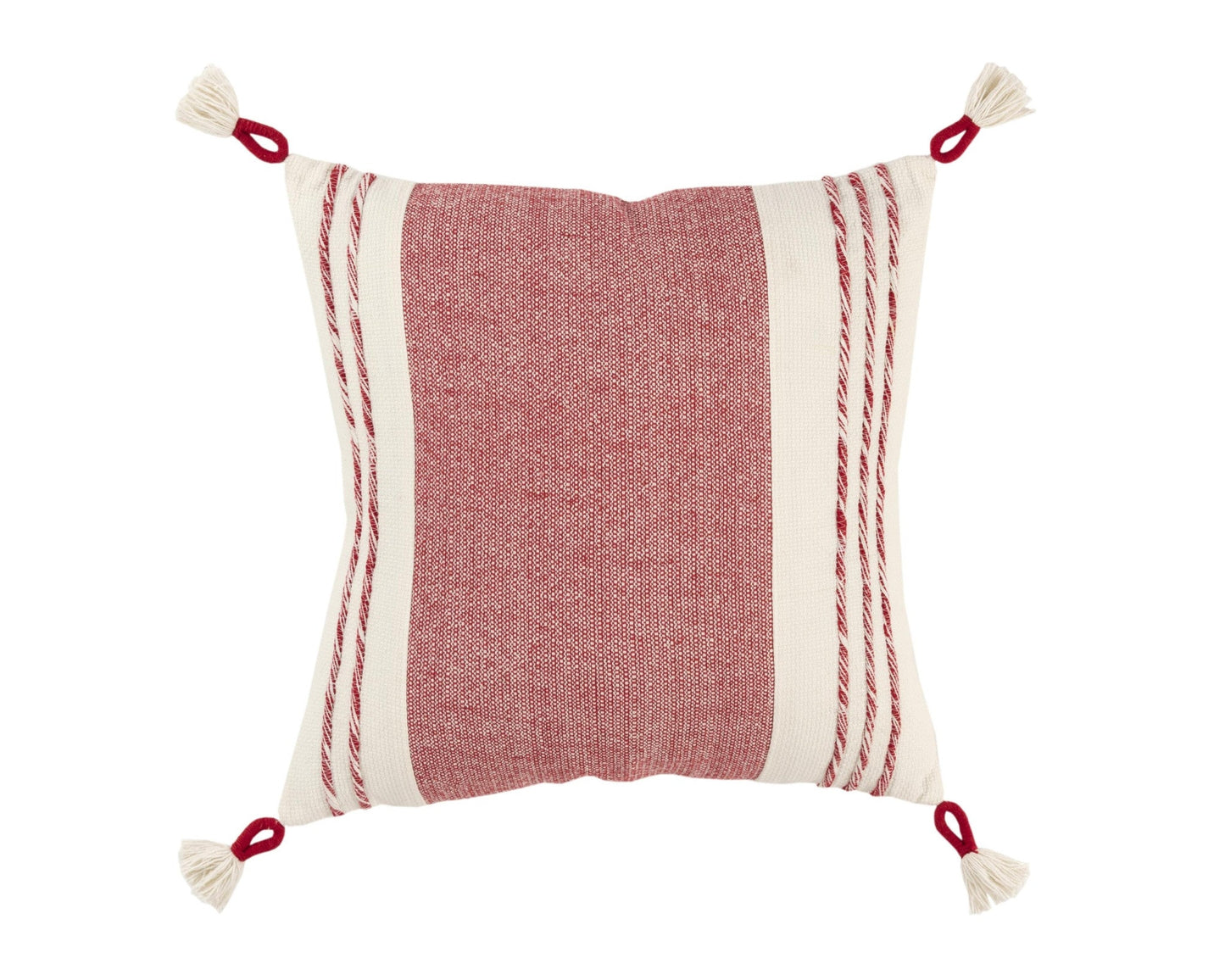 20" Red and White Color Block Cotton Throw Pillow With Tassels FurniFindUSA