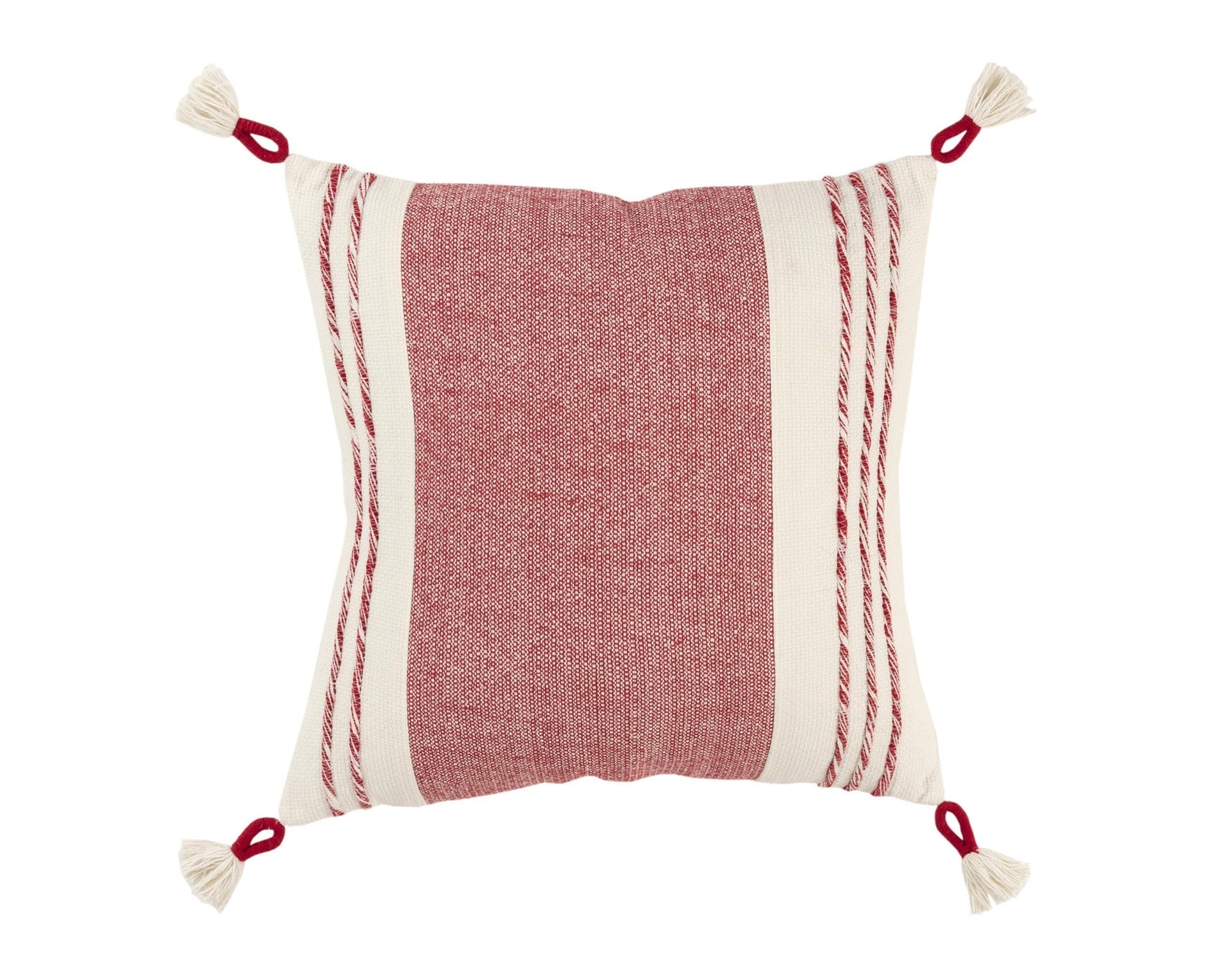 20" Red and White Color Block Cotton Throw Pillow With Tassels FurniFindUSA