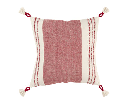 20" Red and White Color Block Cotton Throw Pillow With Tassels FurniFindUSA