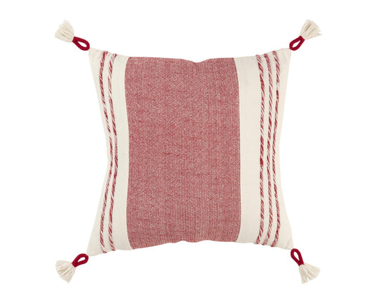 20" Red and White Color Block Cotton Throw Pillow With Tassels FurniFindUSA