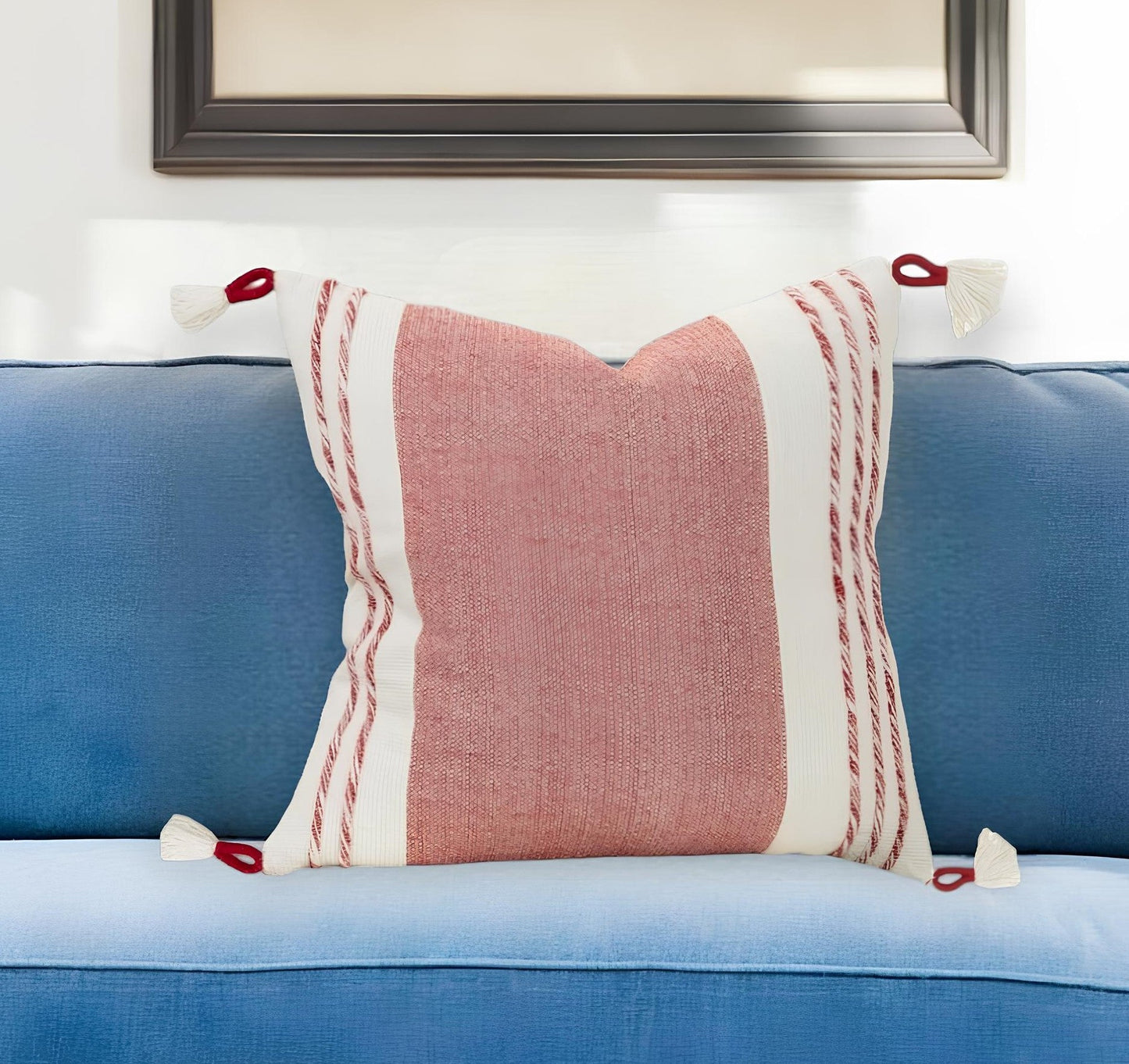 20" Red and White Color Block Cotton Throw Pillow With Tassels FurniFindUSA