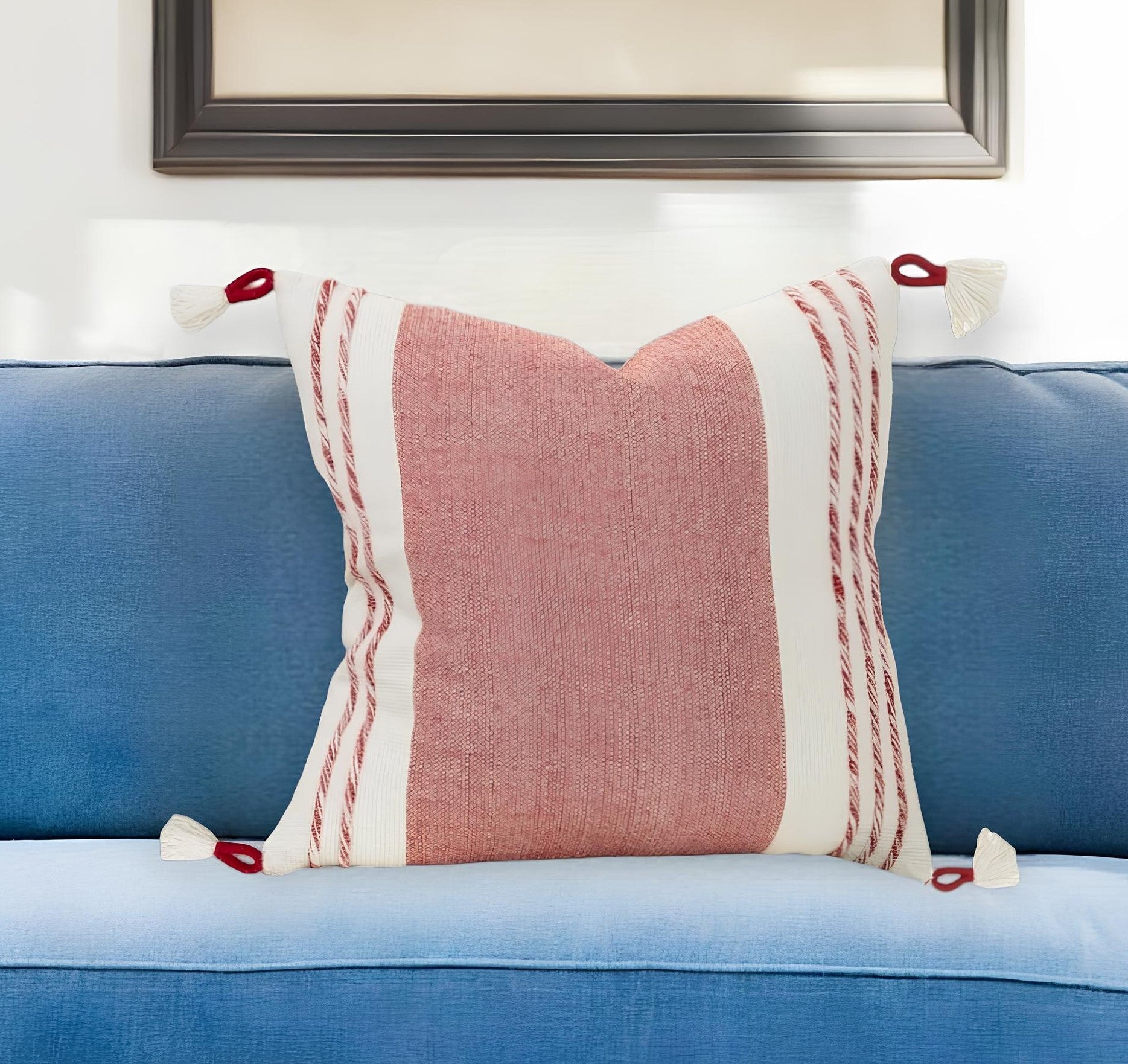 20" Red and White Color Block Cotton Throw Pillow With Tassels FurniFindUSA