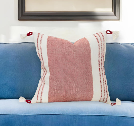 20" Red and White Color Block Cotton Throw Pillow With Tassels FurniFindUSA