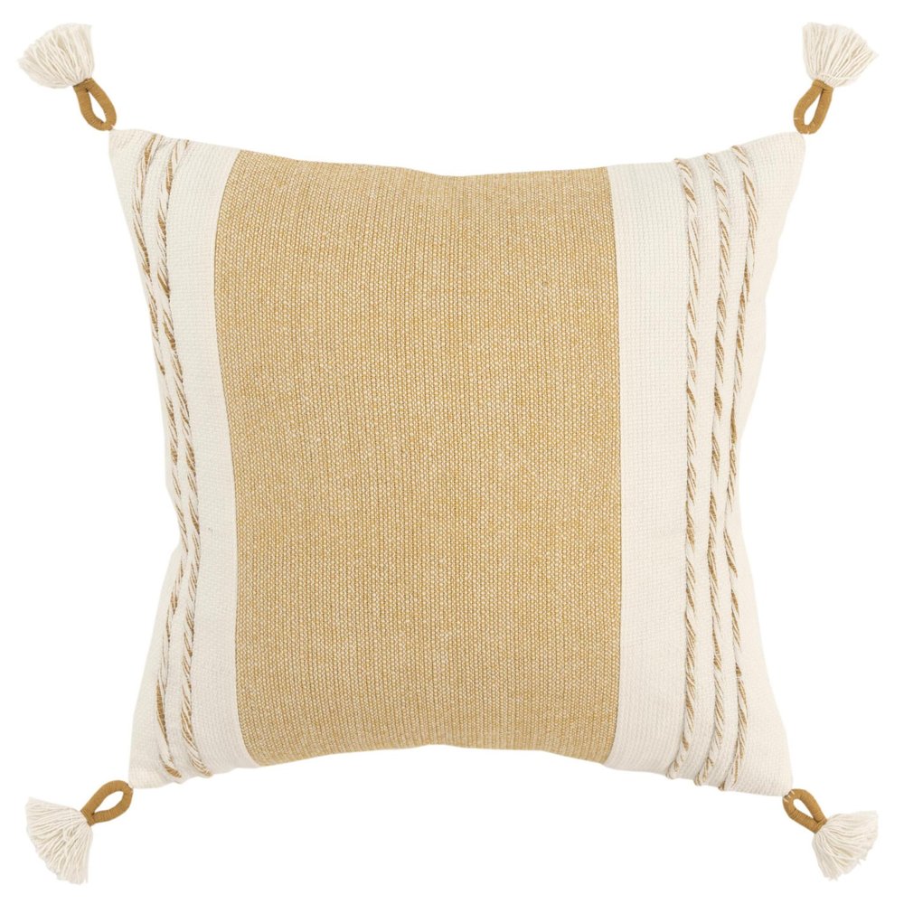 20" Yellow and White Color Block Cotton Throw Pillow With Tassels — view 1