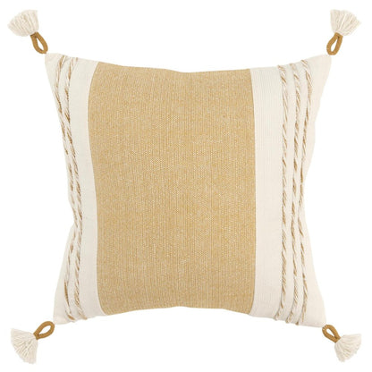 20" Yellow and White Color Block Cotton Throw Pillow With Tassels
