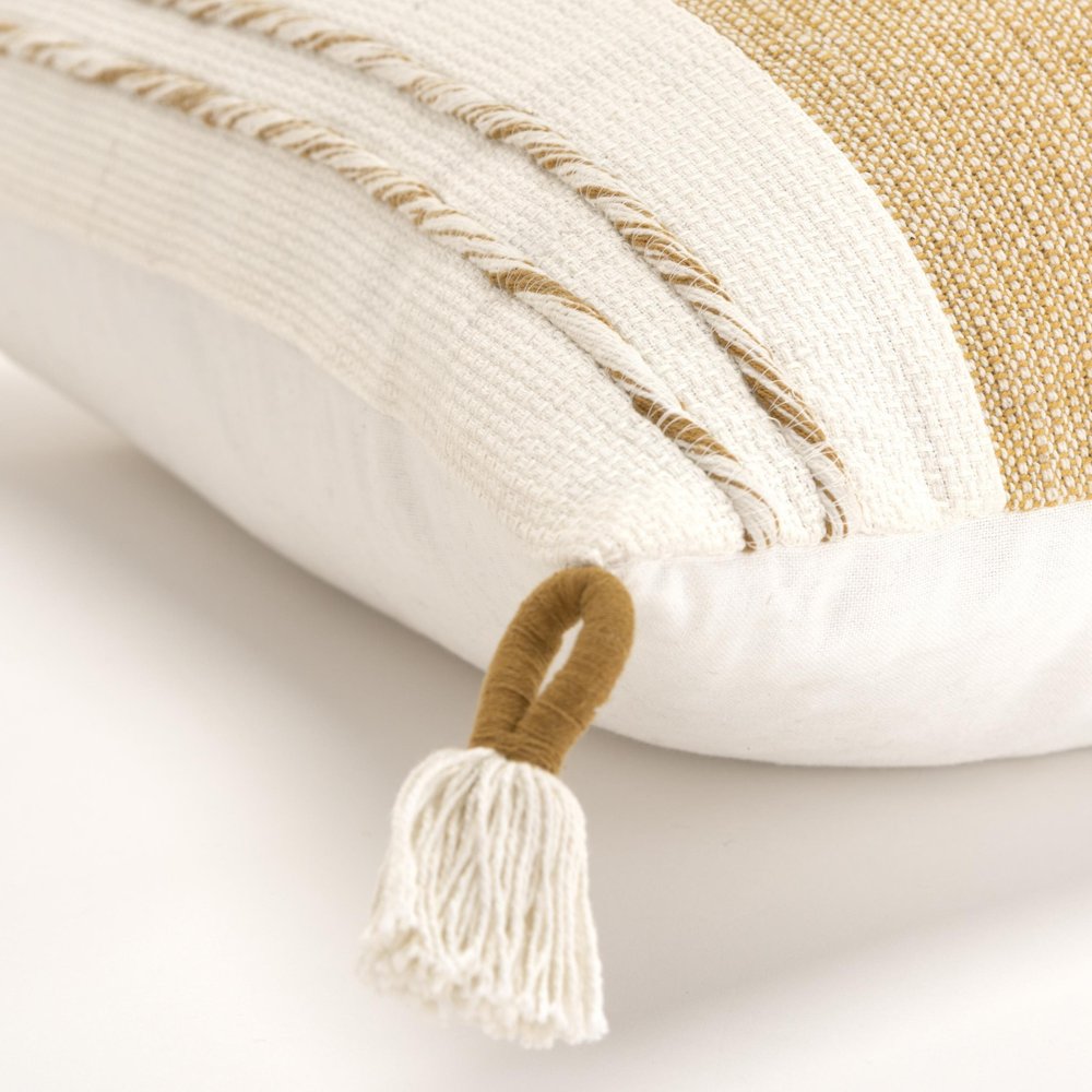 20" Yellow and White Color Block Cotton Throw Pillow With Tassels — view 3