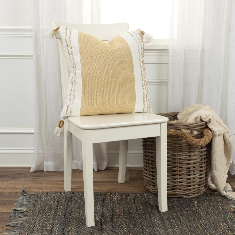 20" Yellow and White Color Block Cotton Throw Pillow With Tassels