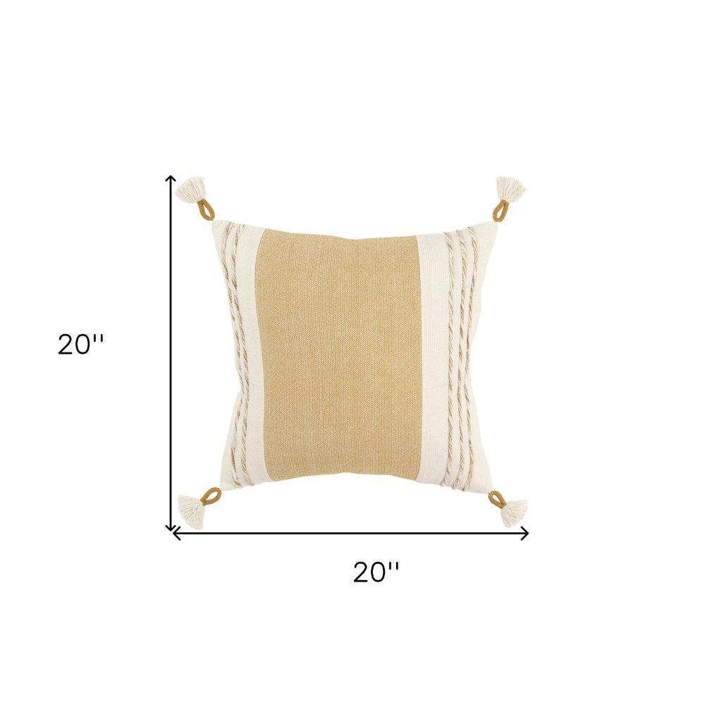 20" Yellow and White Color Block Cotton Throw Pillow With Tassels — view 5
