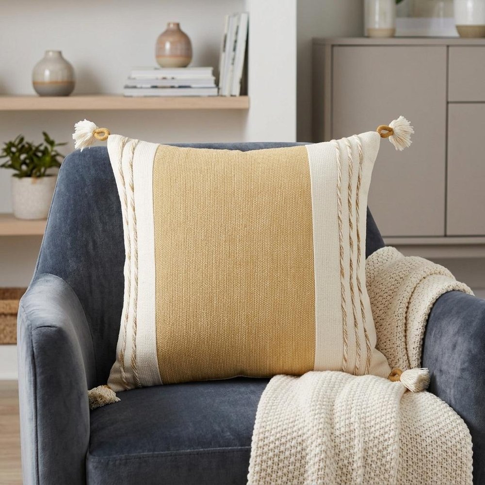 20" Yellow and White Color Block Cotton Throw Pillow With Tassels — view 6