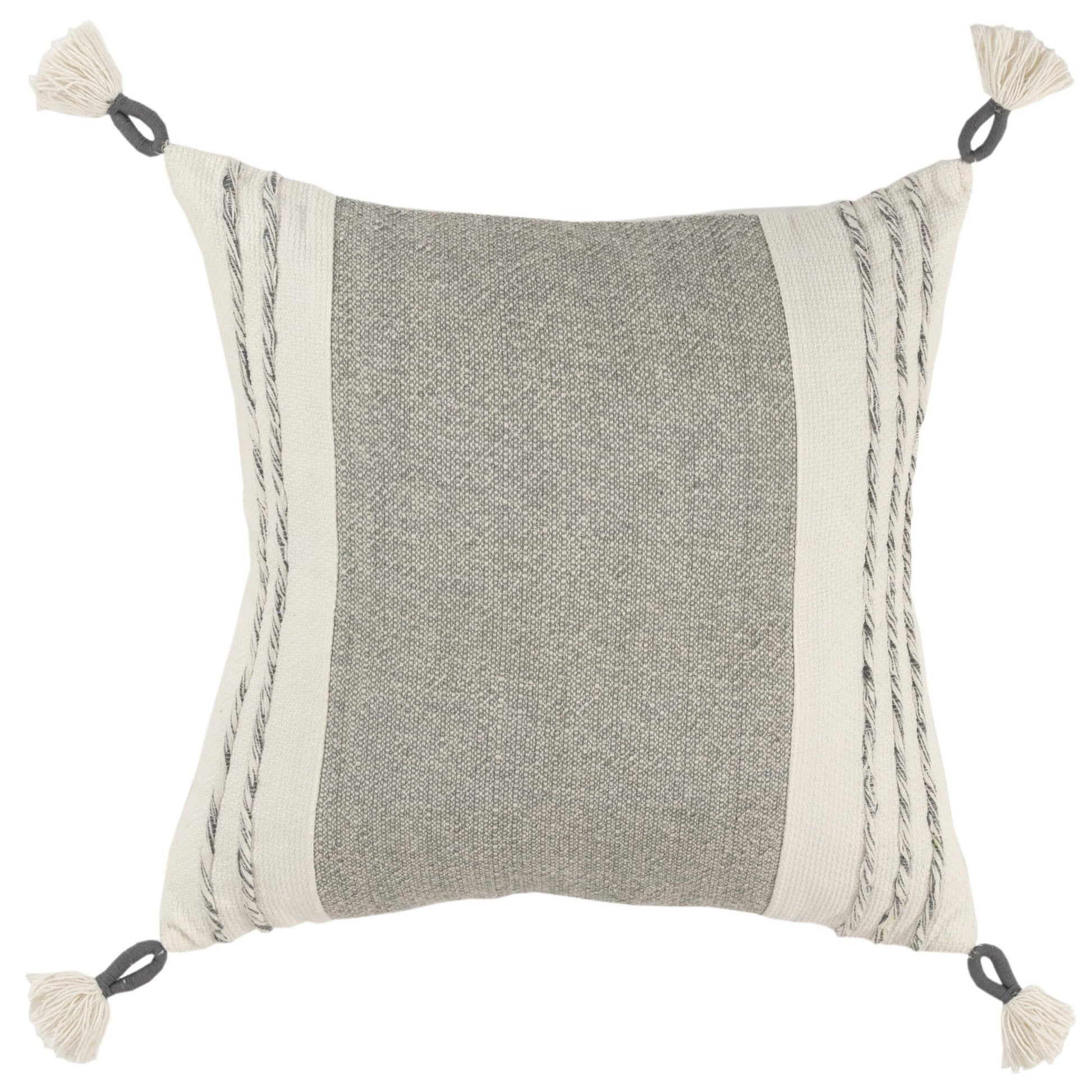 20" Gray and White Color Block Cotton Throw Pillow With Tassels FurniFindUSA