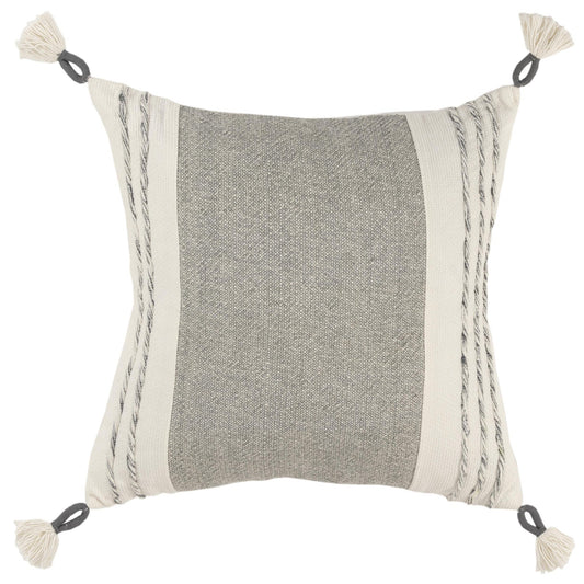 20" Gray and White Color Block Cotton Throw Pillow With Tassels FurniFindUSA