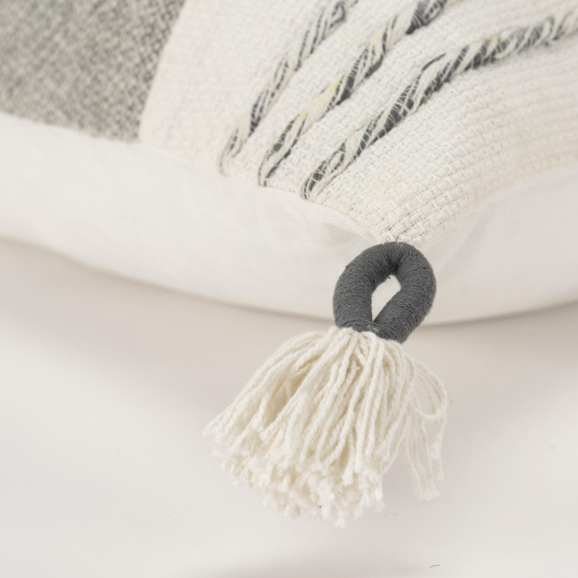 20" Gray and White Color Block Cotton Throw Pillow With Tassels FurniFindUSA