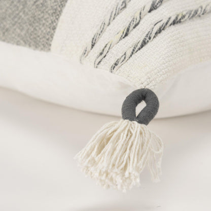 20" Gray and White Color Block Cotton Throw Pillow With Tassels FurniFindUSA