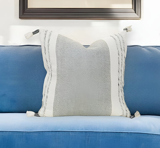 20" Gray and White Color Block Cotton Throw Pillow With Tassels FurniFindUSA