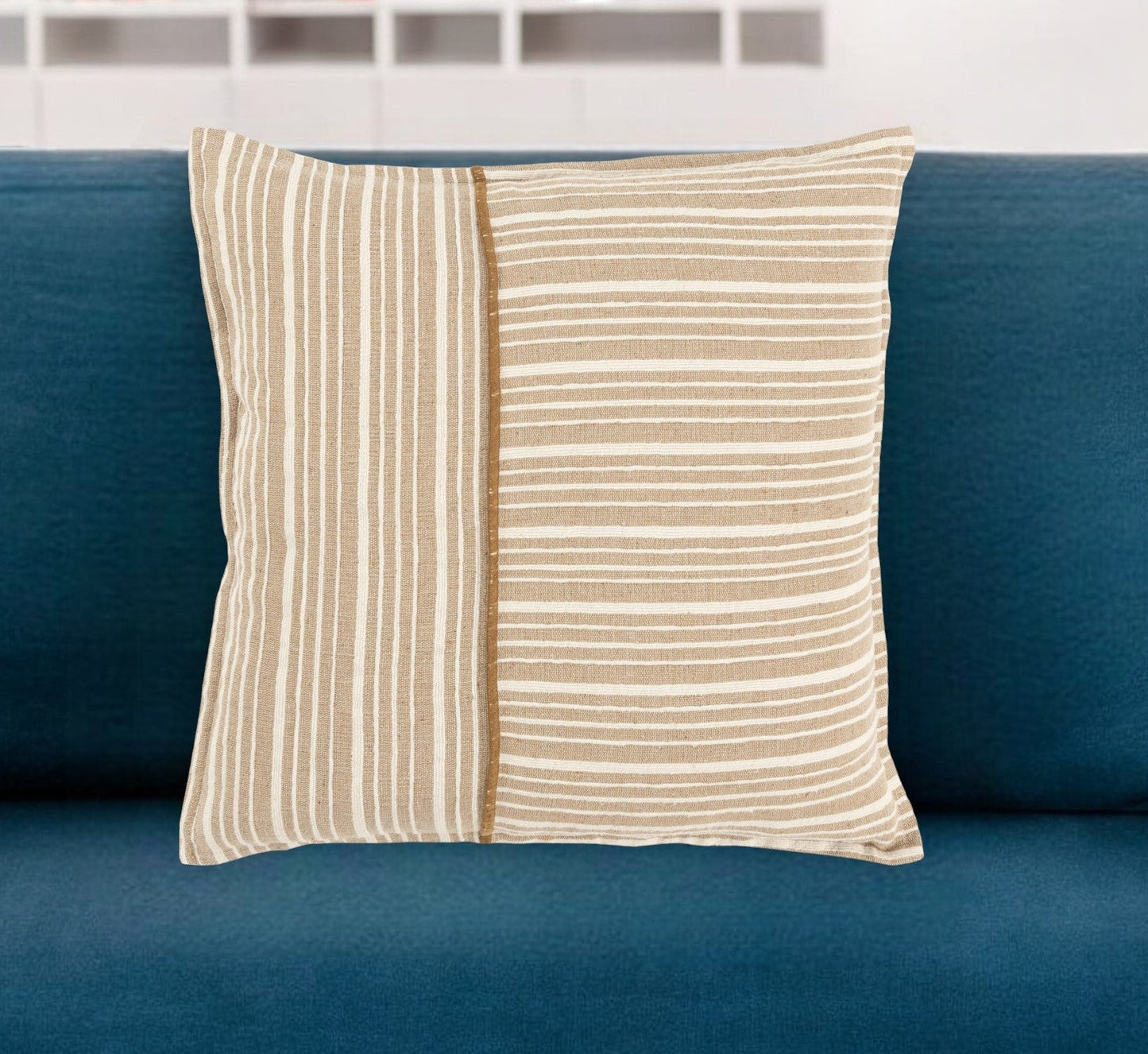 20" Natural and Ivory Striped Cotton Throw Pillow FurniFindUSA