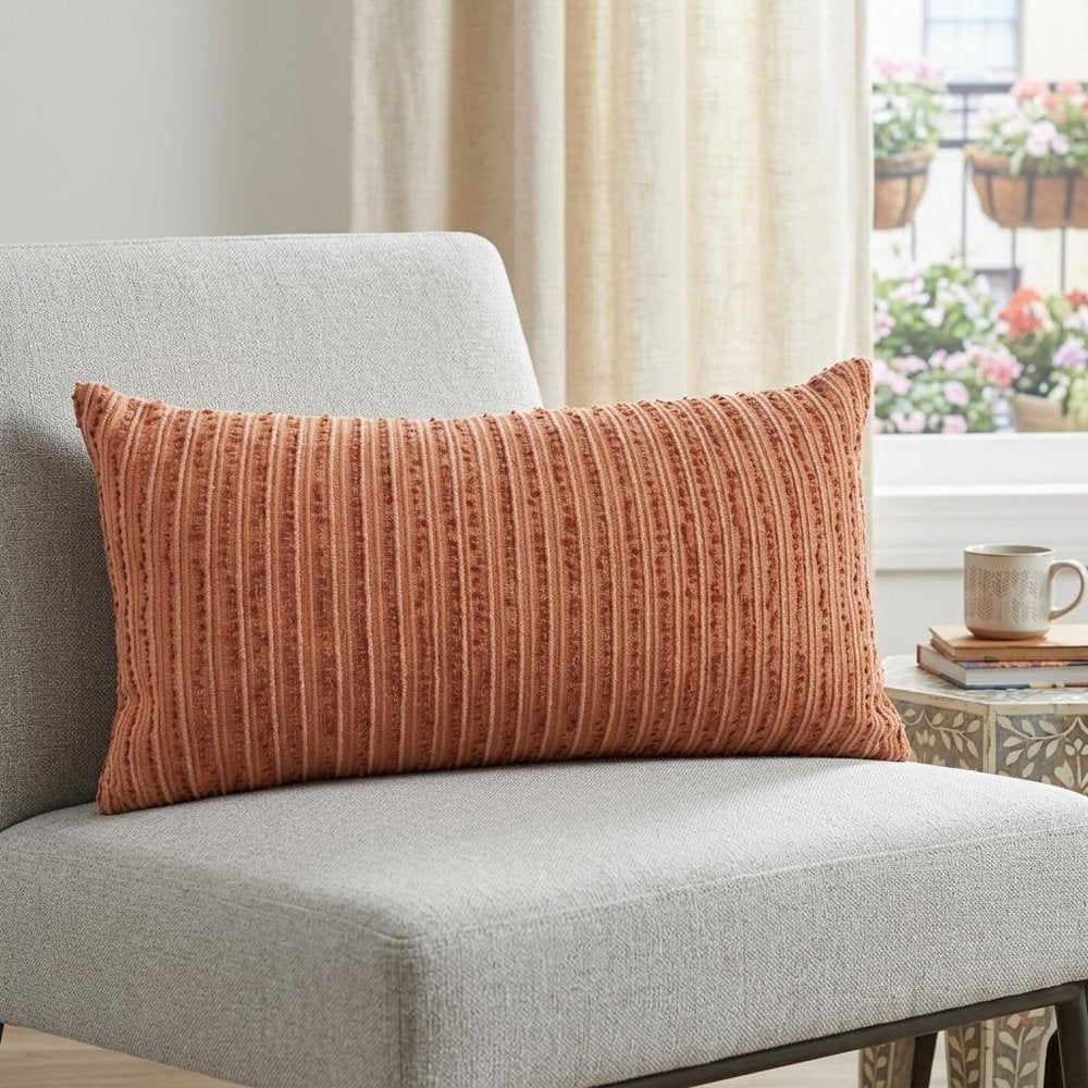 14" X 14" Terra Cotta Striped Cotton Blend Throw Pillow — view 5