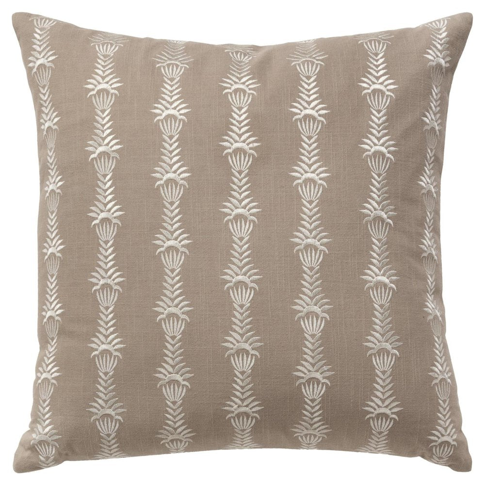20" Taupe and White Cotton Throw Pillow With Embroidery — view 1