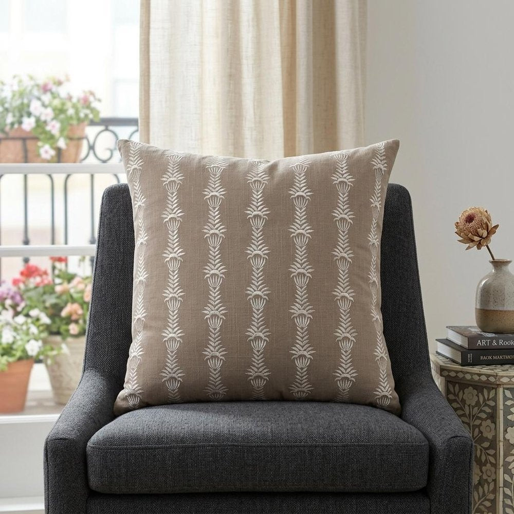 20" Taupe and White Cotton Throw Pillow With Embroidery — view 4