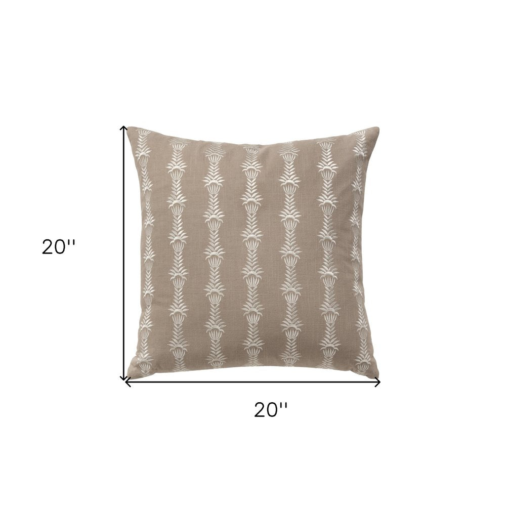 20" Taupe and White Cotton Throw Pillow With Embroidery — view 3