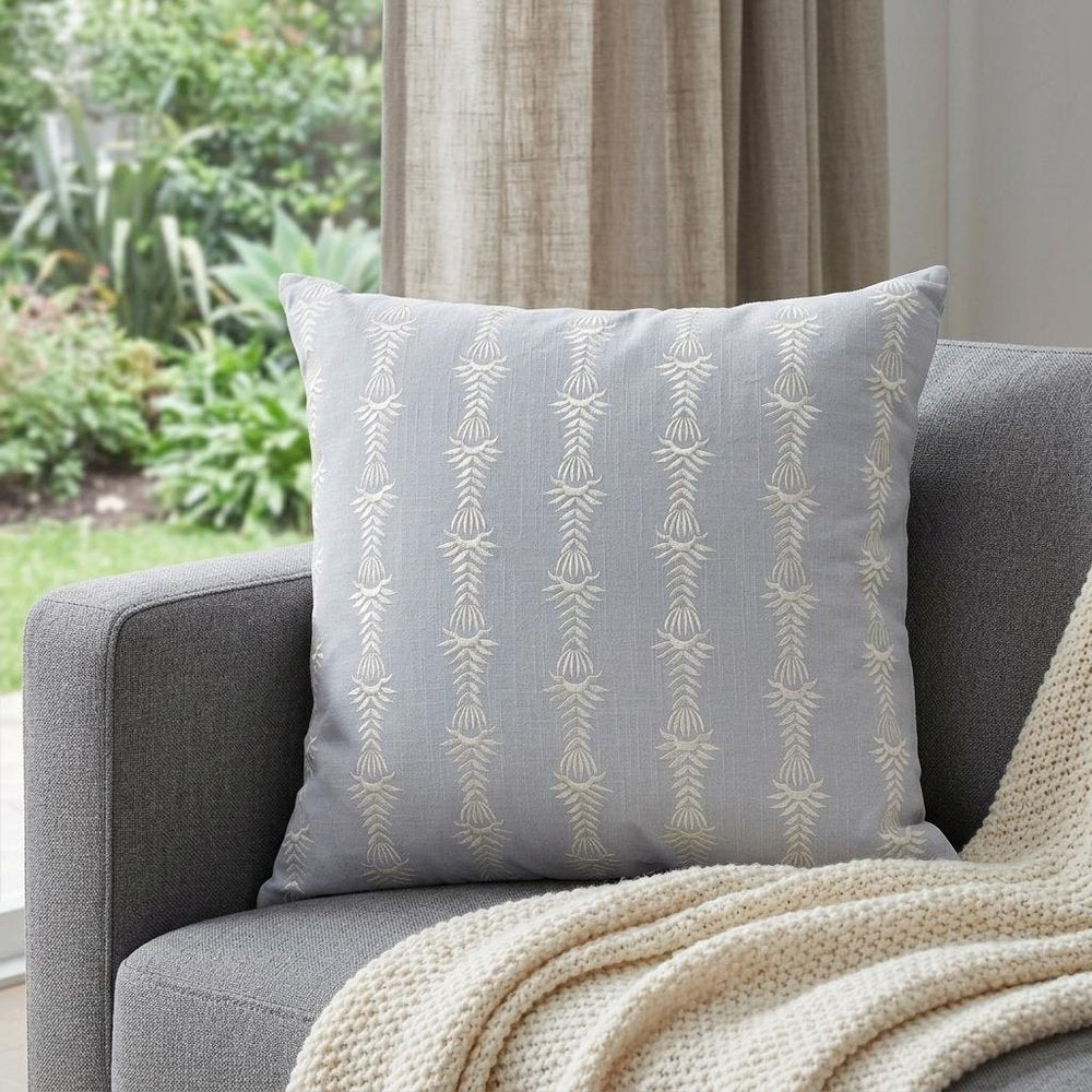20" Light Blue and White Cotton Throw Pillow With Embroidery — view 4