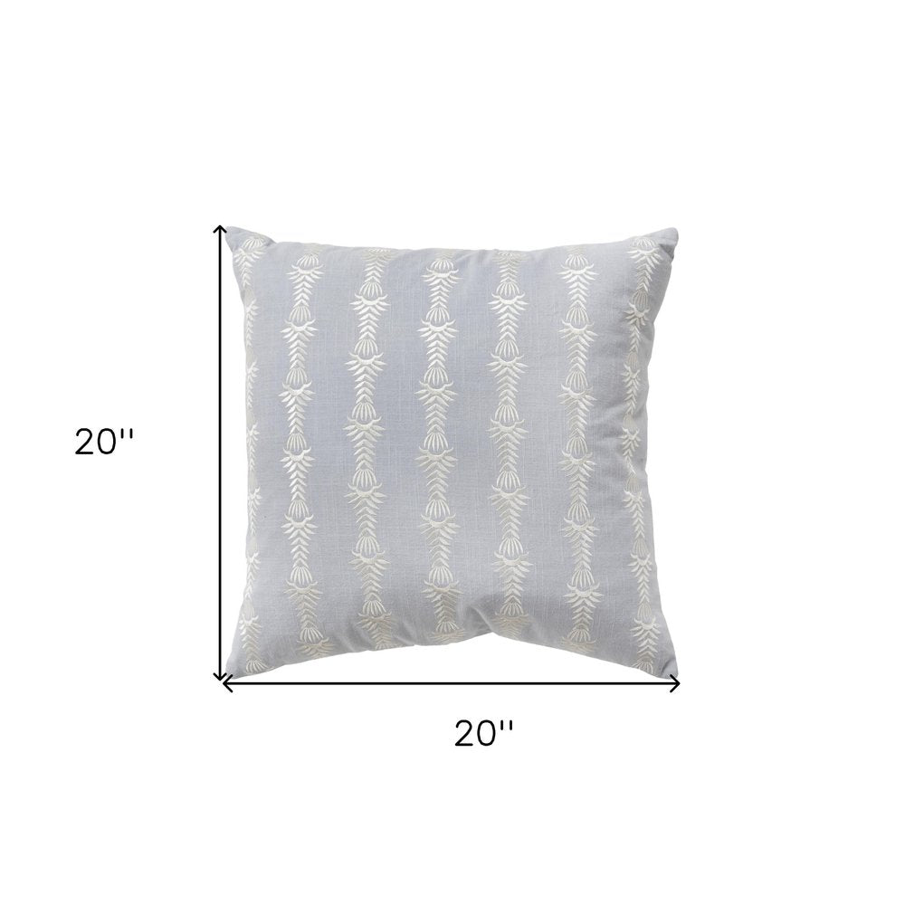 20" Light Blue and White Cotton Throw Pillow With Embroidery — view 3