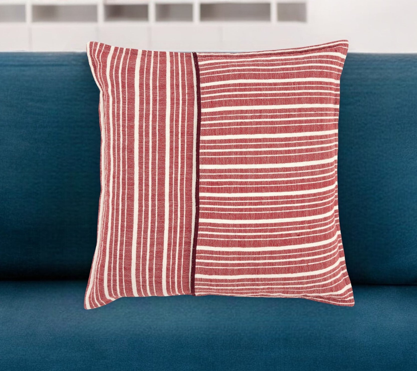 20" Red and Ivory Striped Cotton Throw Pillow FurniFindUSA