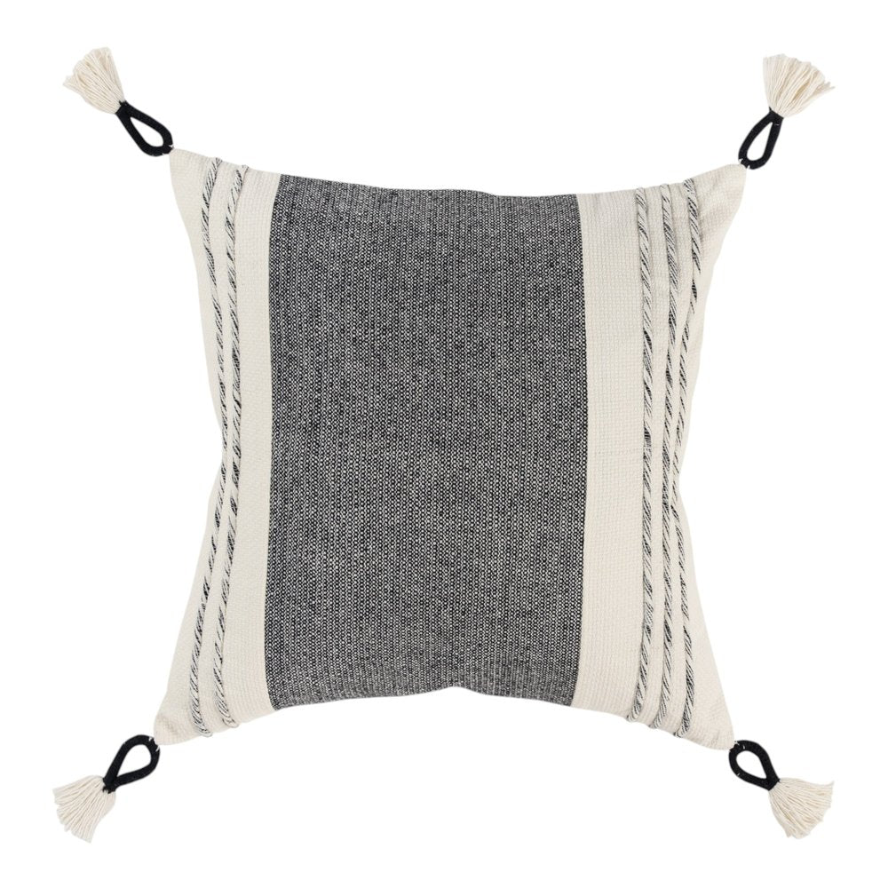 20" White and Black Striped Cotton Throw Pillow with Tassels and Texture — view 4