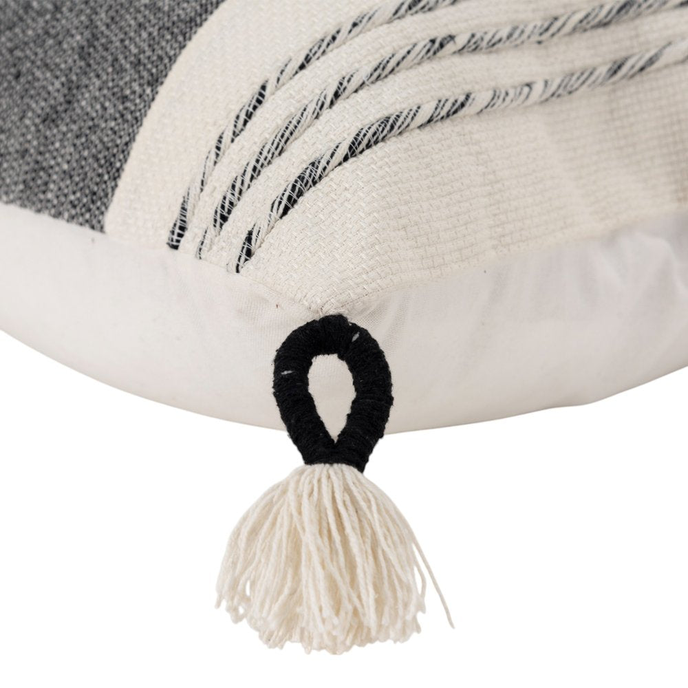 20" White and Black Striped Cotton Throw Pillow with Tassels and Texture — view 6