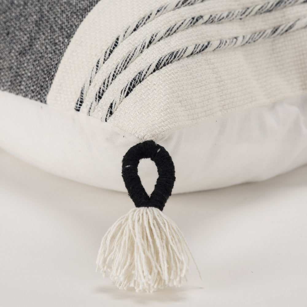 20" White and Black Striped Cotton Throw Pillow with Tassels and Texture — view 2