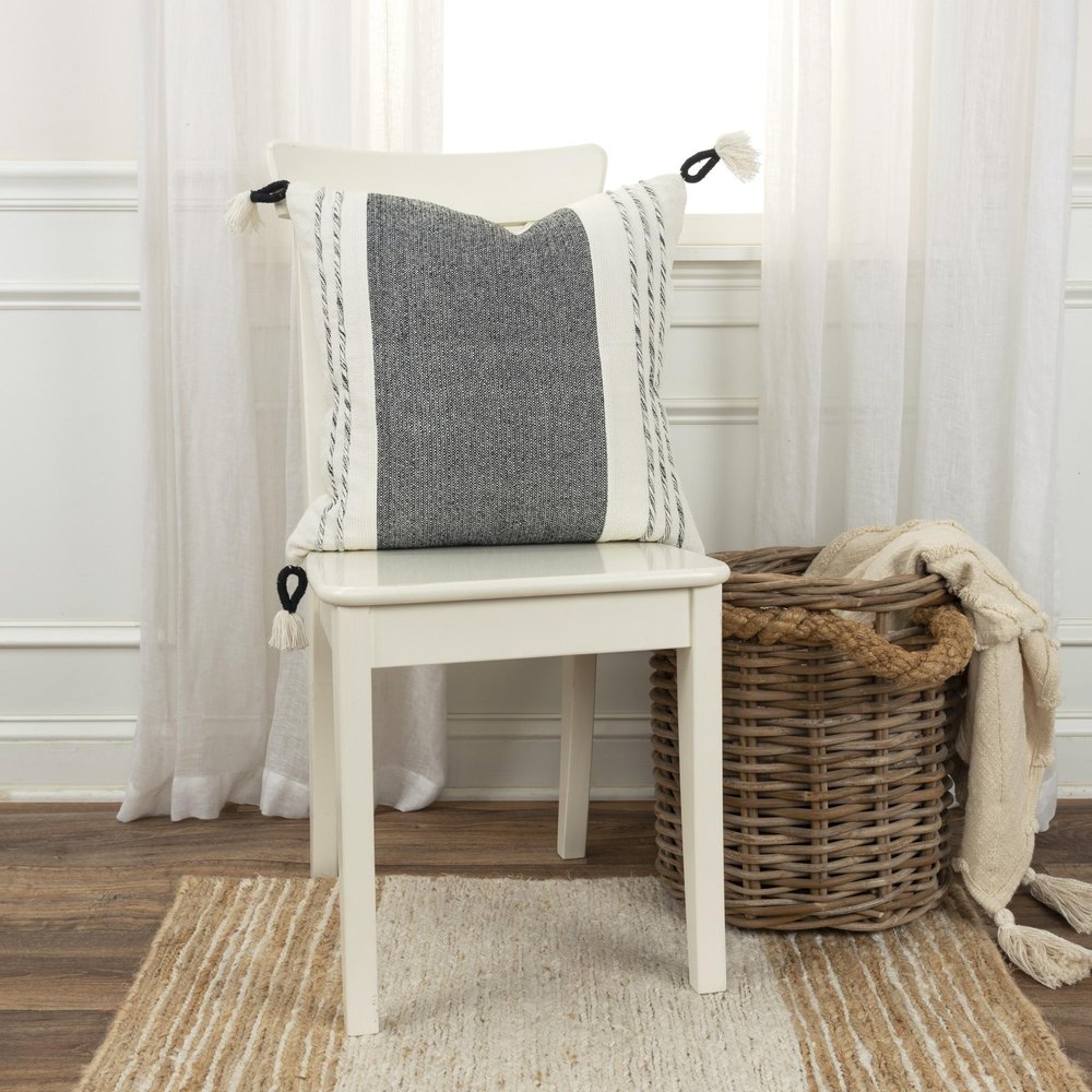 20" White and Black Striped Cotton Throw Pillow with Tassels and Texture — view 3