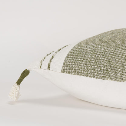 20" Green and White Color Block Cotton Throw Pillow With Tassels FurniFindUSA