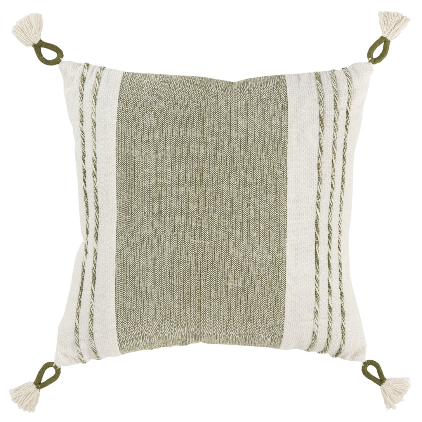20" Green and White Color Block Cotton Throw Pillow With Tassels FurniFindUSA