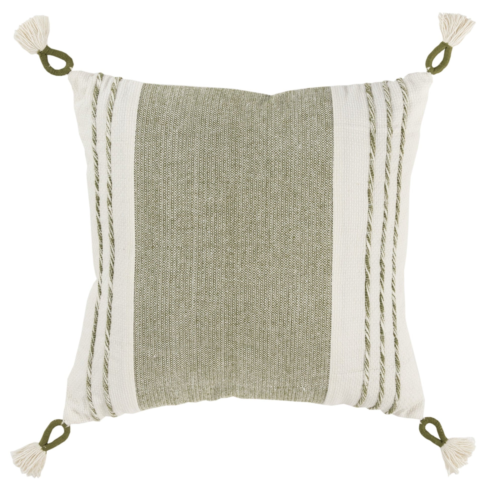 20" Green and White Color Block Cotton Throw Pillow With Tassels FurniFindUSA