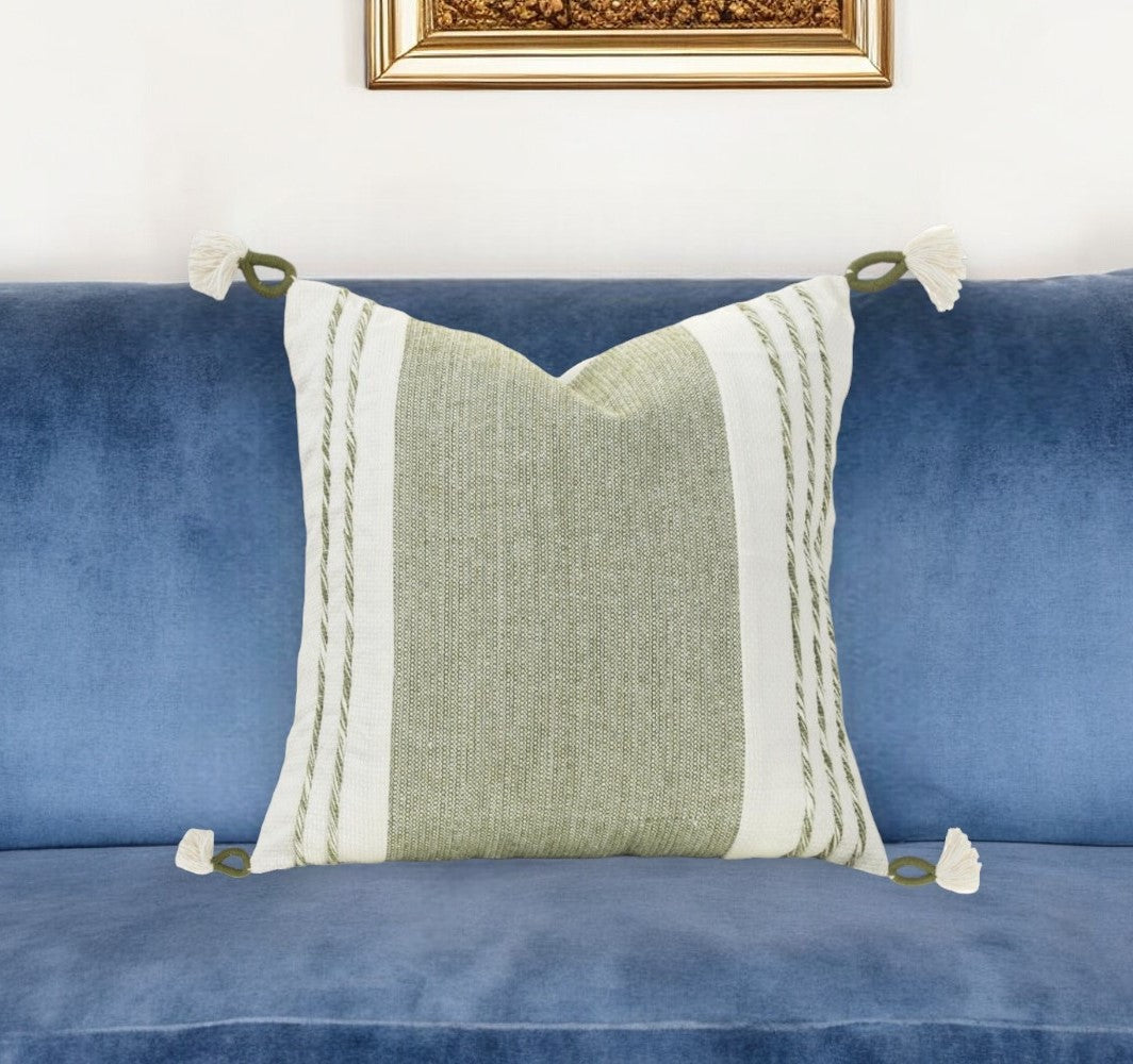 20" Green and White Color Block Cotton Throw Pillow With Tassels FurniFindUSA