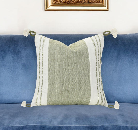 20" Green and White Color Block Cotton Throw Pillow With Tassels FurniFindUSA