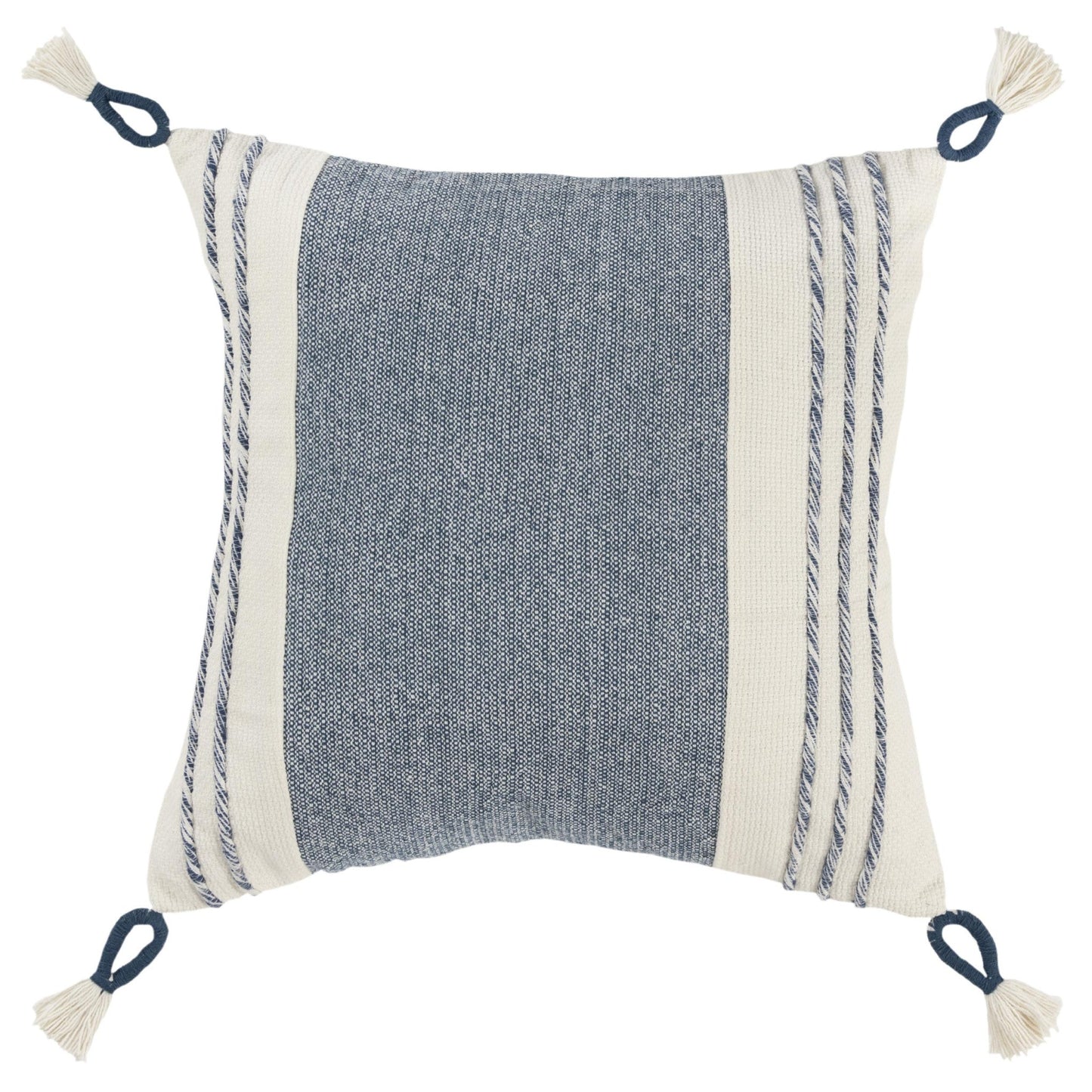 20" Blue and White Color Block Cotton Throw Pillow With Tassels FurniFindUSA