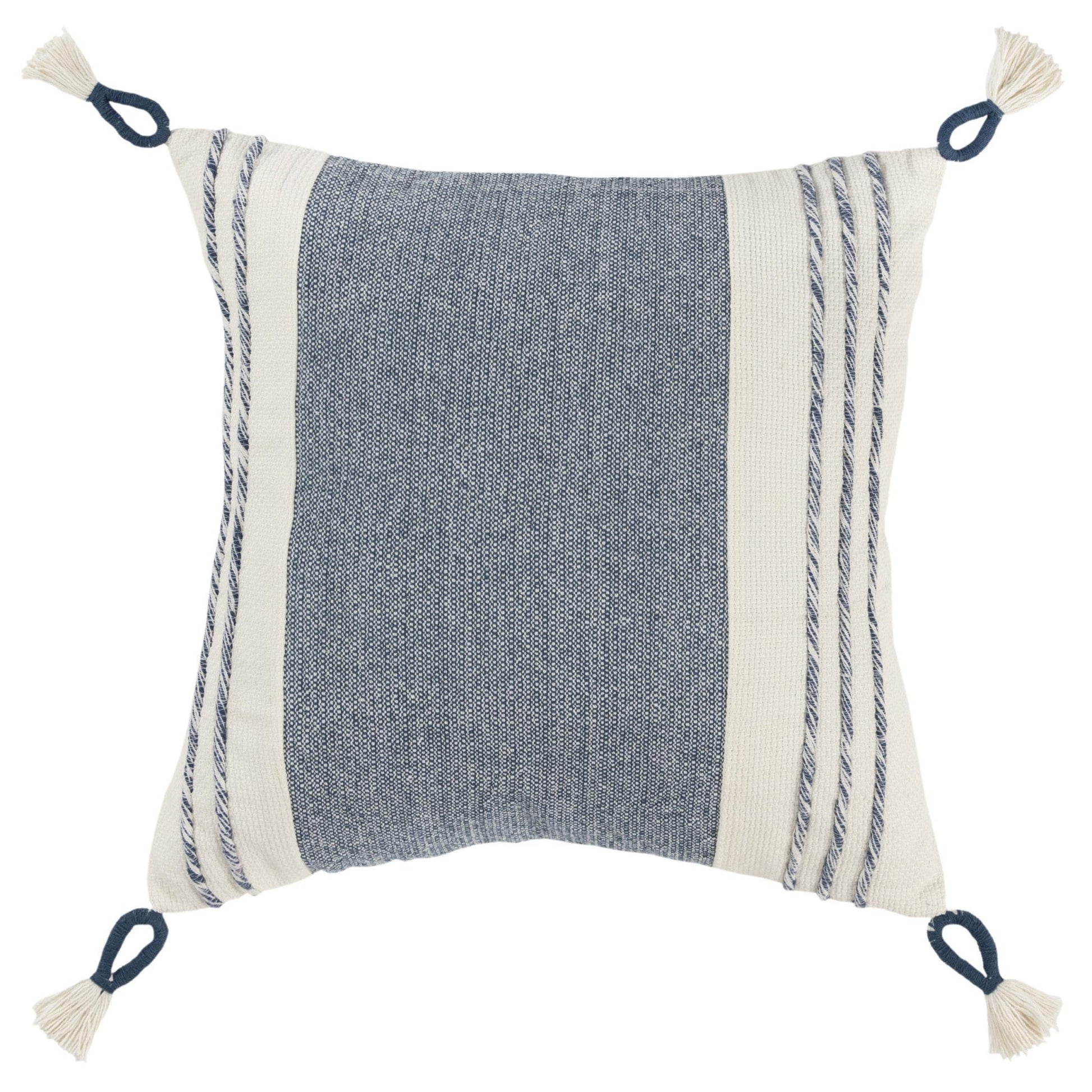 20" Blue and White Color Block Cotton Throw Pillow With Tassels FurniFindUSA