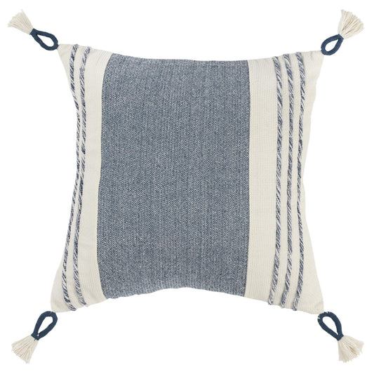 20" Blue and White Color Block Cotton Throw Pillow With Tassels FurniFindUSA
