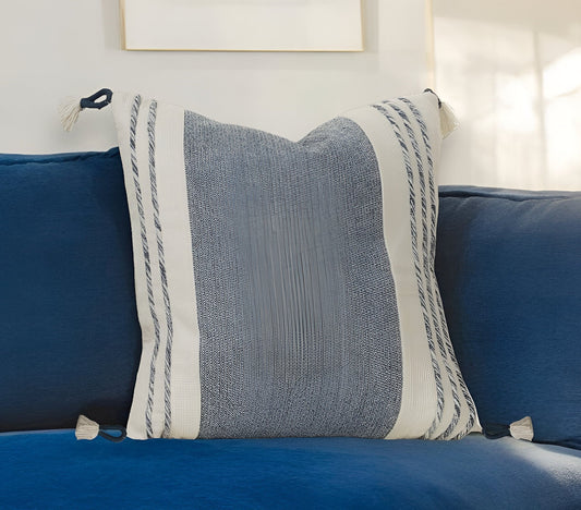 20" Blue and White Color Block Cotton Throw Pillow With Tassels FurniFindUSA