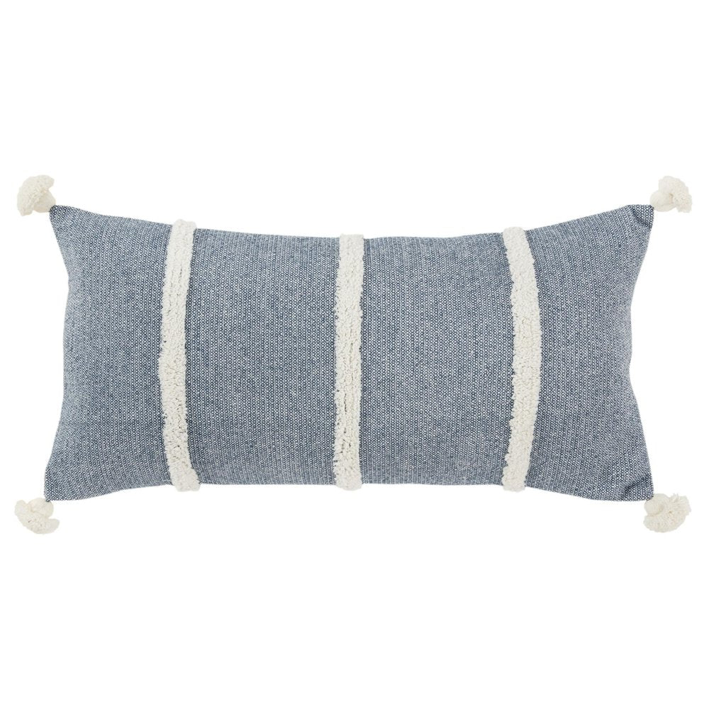 14" X 26" Blue And White Lumbar Weave Cotton Throw Pillow with Tassels — view 1