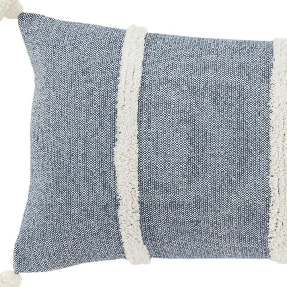 14" X 26" Blue And White Lumbar Weave Cotton Throw Pillow with Tassels — view 6