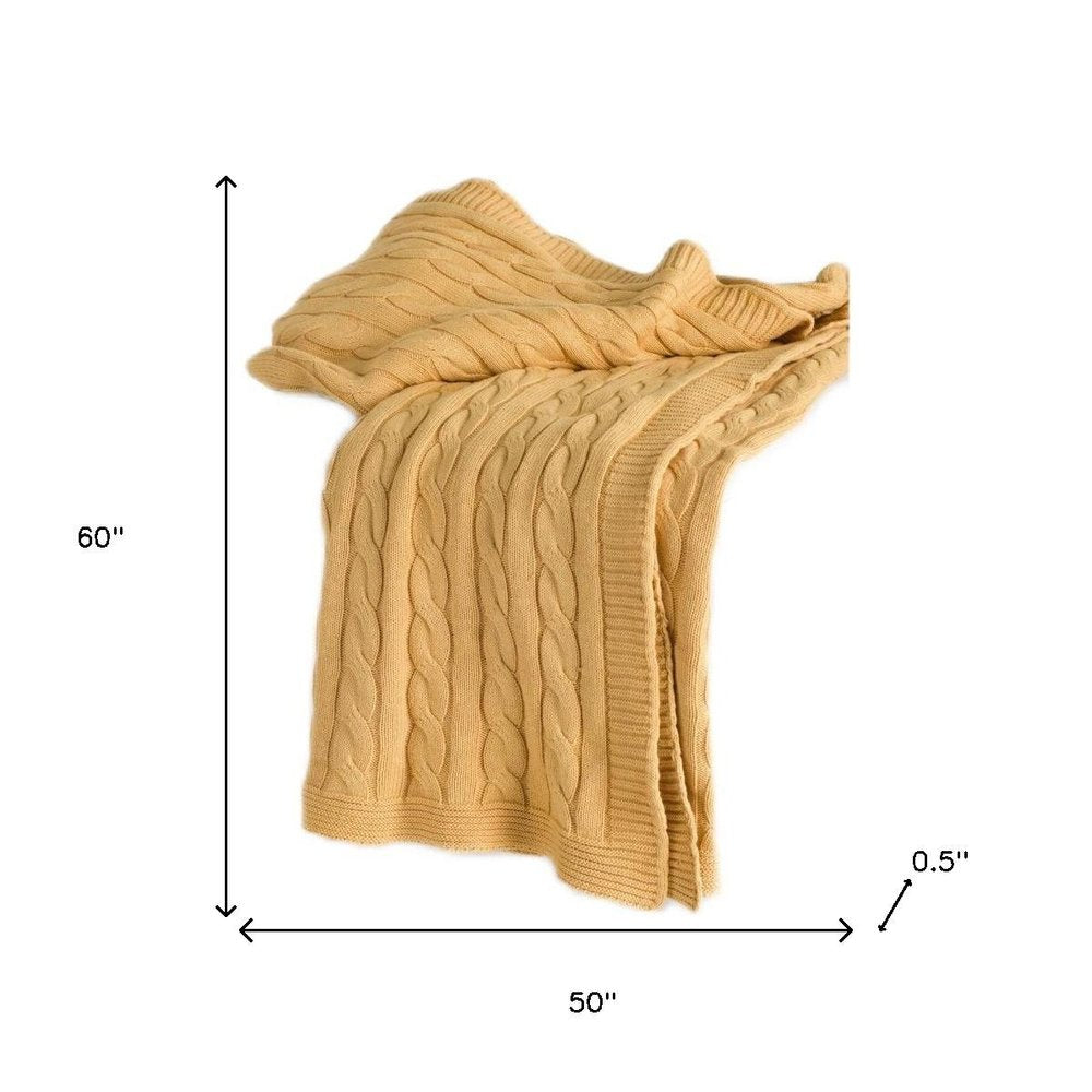 50" X 60" Yellow Cotton Cable Knitted Throw Throw Blanket HomeRoots