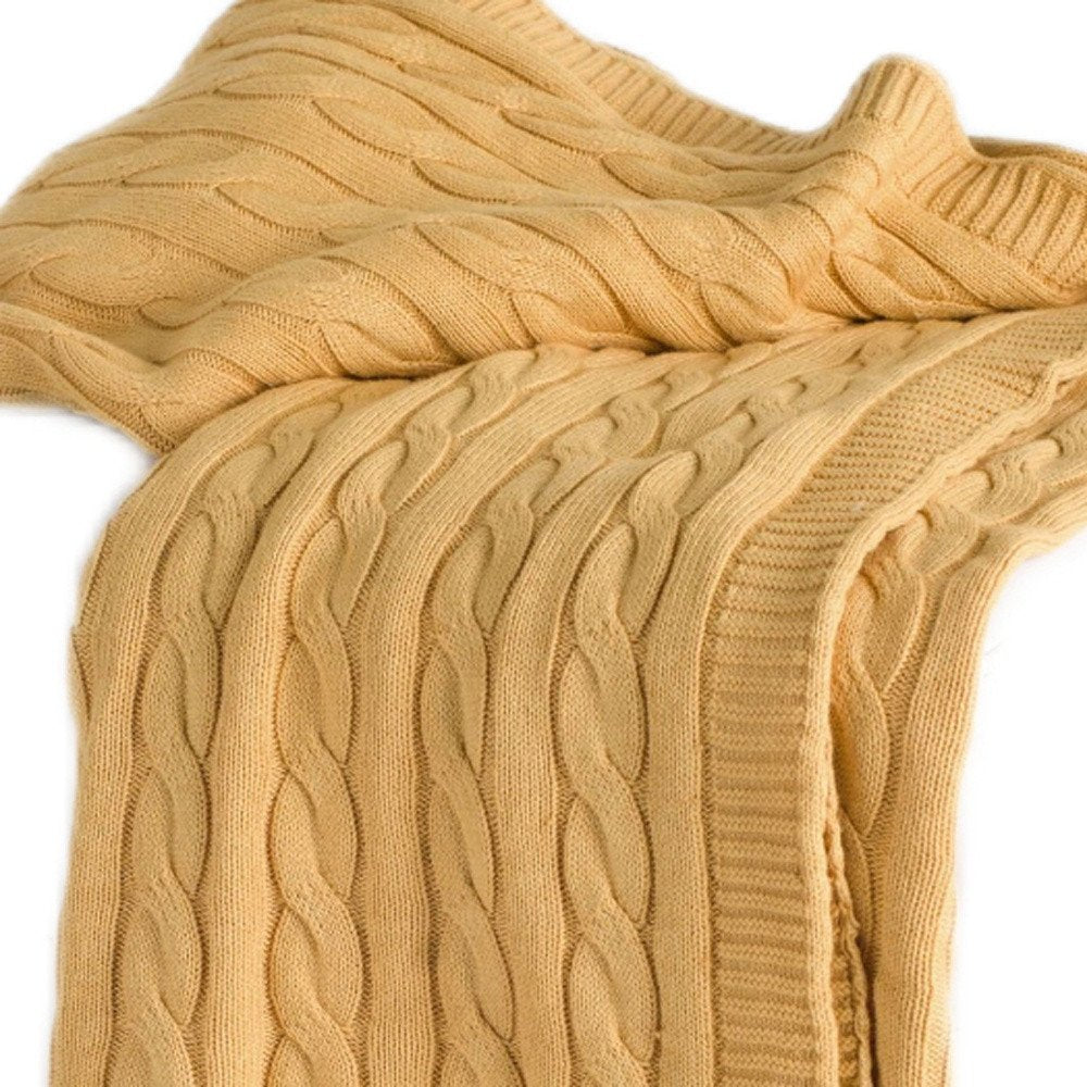 50" X 60" Yellow Cotton Cable Knitted Throw Throw Blanket HomeRoots